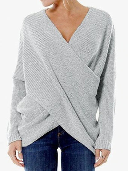 Women's Pullover Sweater Jumper V Neck Ribbed Knit Cotton Blend Criss Cross Fall Winter Regular Outdoor Daily Going out Stylish Casual Soft Long Sleeve Solid Color Khaki Gray S M L