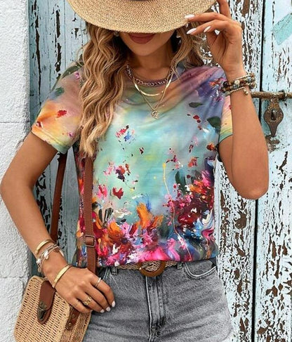 Women's T shirt Tee Floral Casual Holiday Print Black Short Sleeve Fashion Round Neck Summer