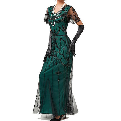 Women's Sequins Mesh Sequin Dress Long Dress Maxi Dress Elegant Floral V Neck Short Sleeve Party Halloween Spring Fall Black Red