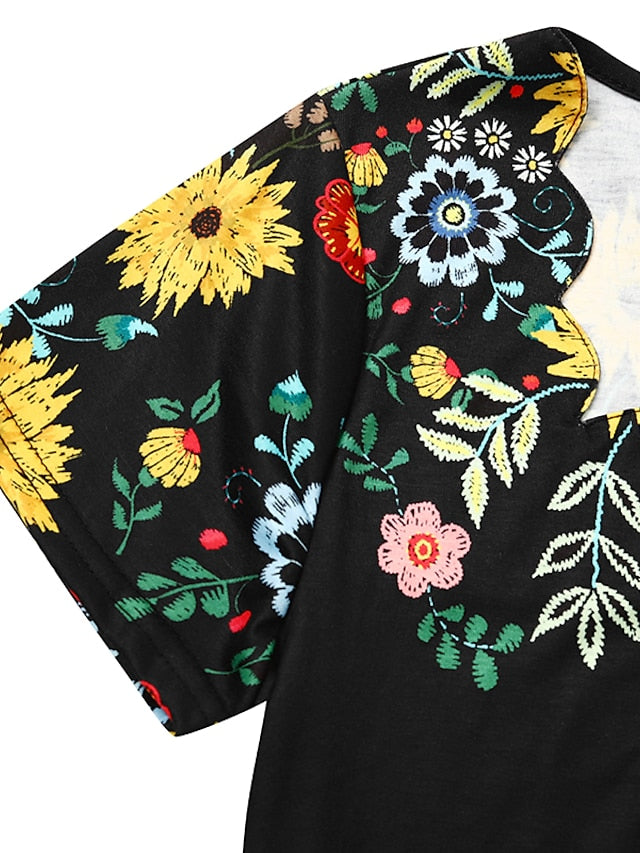 Women's Casual Dress Shift Dress Floral Dress Mini Dress Black Blue Purple Short Sleeve Floral Ruched Summer Spring Square Neck Fashion Vacation Summer Dress 2023 S M L XL XXL 3XL - LuckyFash™