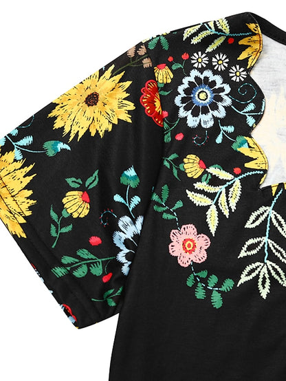 Women's Casual Dress Shift Dress Floral Dress Mini Dress Black Blue Purple Short Sleeve Floral Ruched Summer Spring Square Neck Fashion Vacation Summer Dress 2023 S M L XL XXL 3XL - LuckyFash™