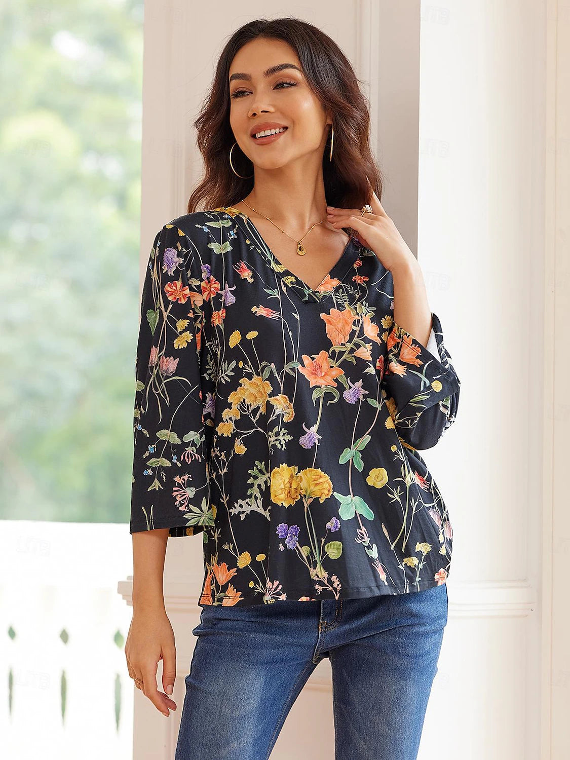 Women's Shirt Blouse Floral Print Black 3/4 Length Sleeve V Neck Summer