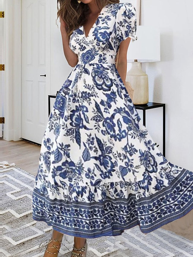 Women's Casual Dress Summer Dress Print Dress Floral Ruched Print V Neck Puff Sleeve Midi Dress Active Fashion Outdoor Street Short Sleeve Loose Fit Black Red Blue Summer Spring S M L XL XXL - LuckyFash™