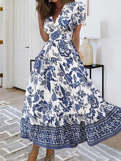Women's Casual Dress Summer Dress Print Dress Floral Ruched Print V Neck Puff Sleeve Midi Dress Active Fashion Outdoor Street Short Sleeve Loose Fit Black Red Blue Summer Spring S M L XL XXL - LuckyFash™