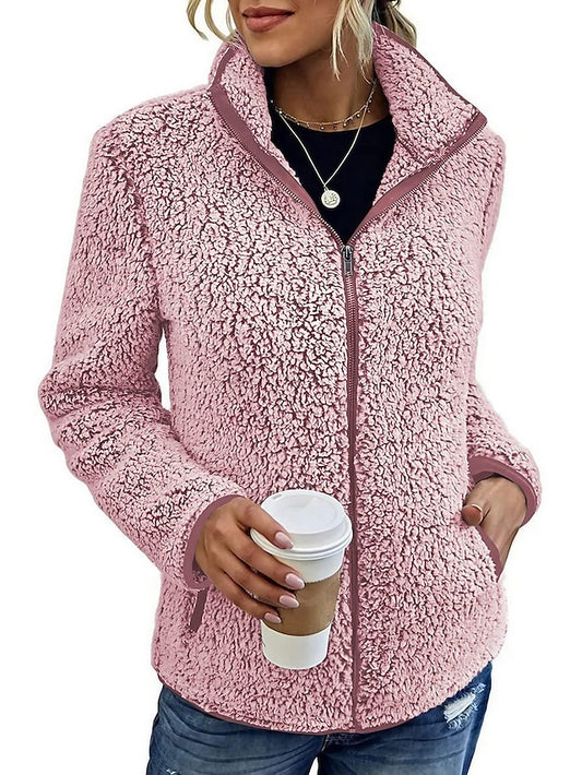 Women's Zip Up Sweatshirt Fleece Jacket Fleece Solid Color Valentine's Day Street Pocket Zip Up Black Pink Blue Vintage Teddy Sherpa Fleece V Neck Long Sleeve Top Micro-elastic Fall & Winter