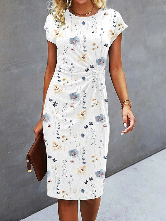 Women's Casual Dress Sheath Dress Floral Dress Floral Twist Crew Neck Midi Dress Fashion Modern Outdoor Daily Short Sleeve Regular Fit White Blue Gray Summer Spring S M L XL XXL - LuckyFash™