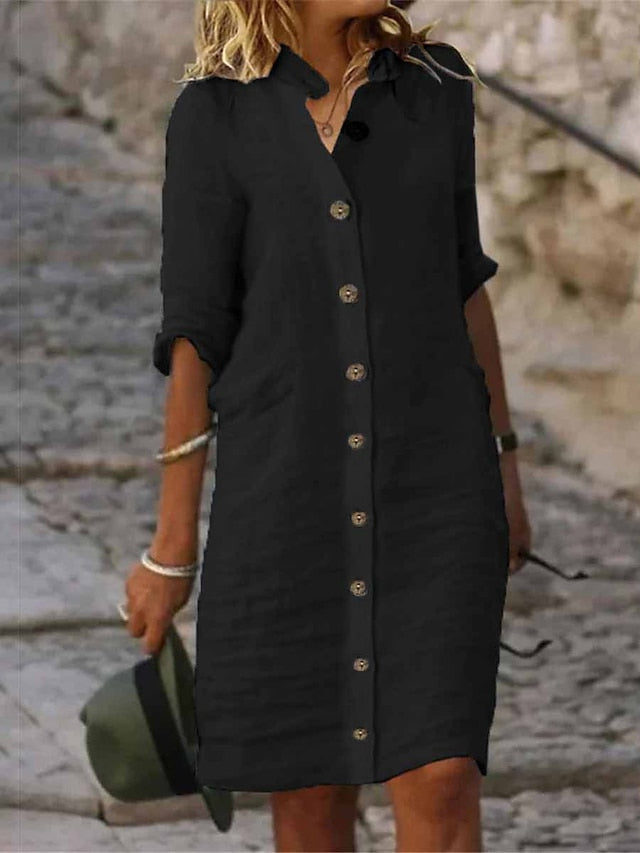 Women's Shirt Dress Casual Dress Cotton Linen Dress Midi Dress Cotton Blend Fashion Basic Outdoor Daily Shirt Collar Button Half Sleeve Summer Spring Fall 2023 Regular Fit Black White Green Plain S M - LuckyFash™