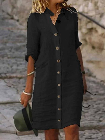 Women's Shirt Dress Casual Dress Cotton Linen Dress Midi Dress Cotton Blend Fashion Basic Outdoor Daily Shirt Collar Button Half Sleeve Summer Spring Fall 2023 Regular Fit Black White Green Plain S M - LuckyFash™