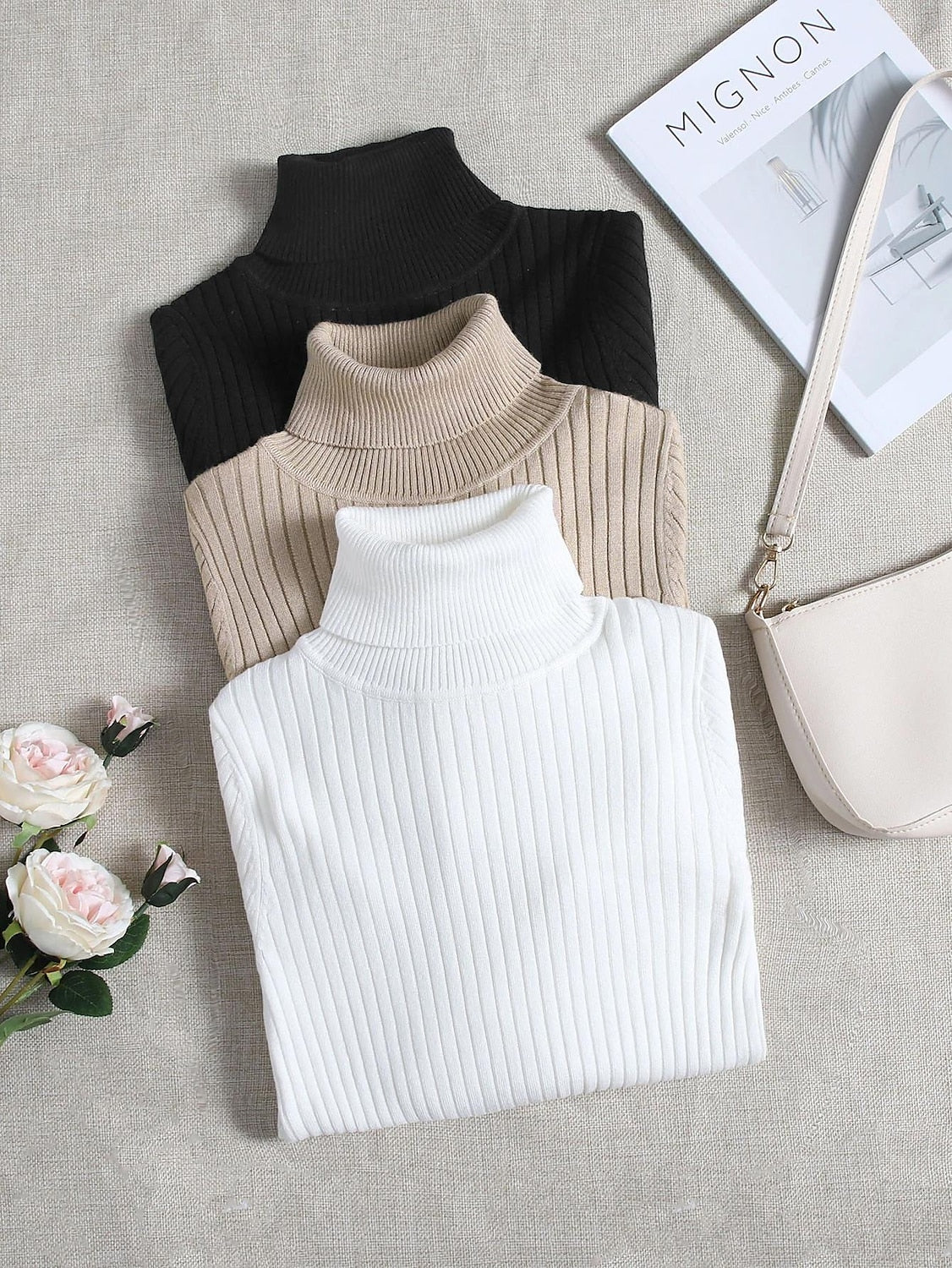 Women's Pullover Sweater Jumper Turtleneck Ribbed Knit Spandex Knitted Thin Fall Winter Daily Basic Casual Long Sleeve Solid Color Black+White+Gray Black+Apricot+Brown Black+White+Dark Green One-Size