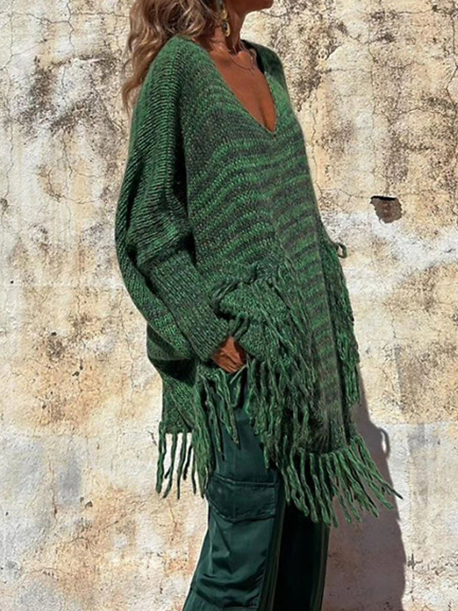 Women's Pullover Sweater Jumper Crew Neck Ribbed Knit Polyester Pocket Tassel Knitted Fall Winter Long Outdoor Daily Going out Fashion Streetwear Casual Long Sleeve Solid Color Camel Green Grey S / M