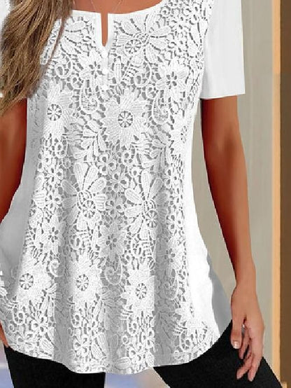 Women's Shirt Lace Shirt Blouse Plain Casual Lace White Short Sleeve Basic V Neck