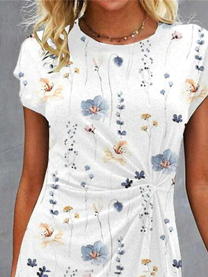 Women's Casual Dress Sheath Dress Floral Dress Floral Twist Crew Neck Midi Dress Fashion Modern Outdoor Daily Short Sleeve Regular Fit White Blue Gray Summer Spring S M L XL XXL - LuckyFash™