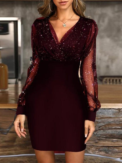 Women's Semi Formal Party Dress Sequin Dress Bodycon Mini Dress Black Wine Purple Long Sleeve Pure Color Sequins Winter Fall Spring V Neck Fashion Winter Dress Fall Dress 2023 S M L XL XXL - LuckyFash™