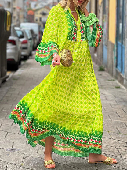 Women‘s Caftan Dress Long Dress Maxi Dress Casual Dress Swing Dress Print Dress Geometric Fashion Modern Outdoor Daily Holiday Button Print 3/4 Length Sleeve Stand Collar Dress Loose Fit Yellow