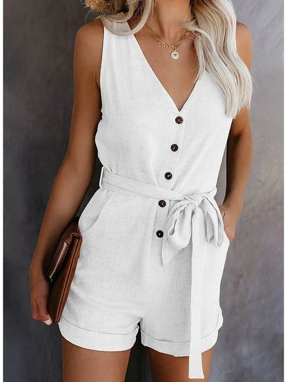 Women's Romper Solid Color Basic Holiday Daily Wear Regular Fit Sleeveless Wine Blue White S M L Spring & Summer - LuckyFash™