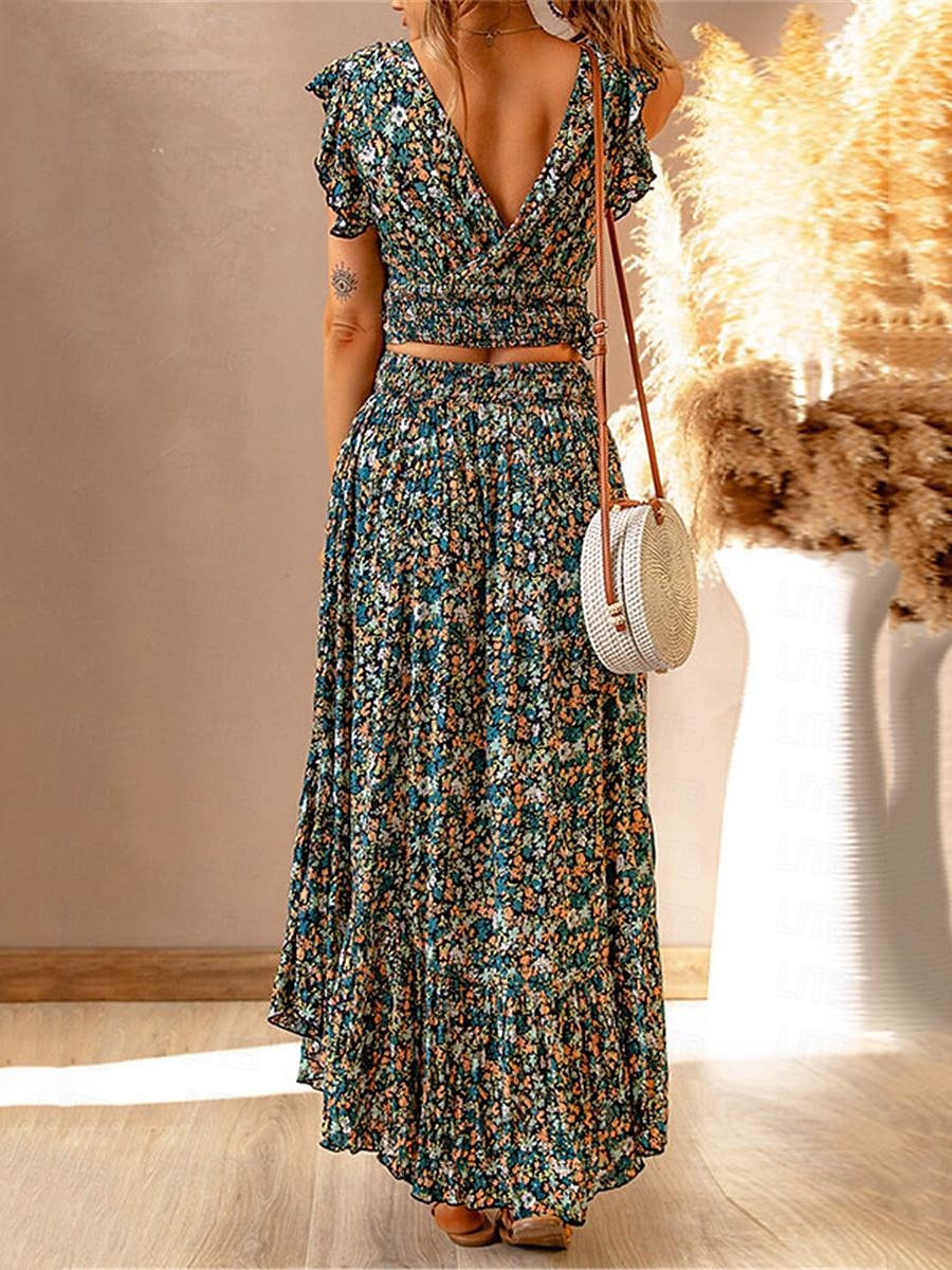 Women's Two Piece Dress Set Casual Dress Skirt Set Floral Dress Holiday Vacation Bohemia Vintage Ruffle Print Long Dress Maxi Dress V Neck Sleeveless Floral Regular Fit Blue Green Rainbow Summer S M