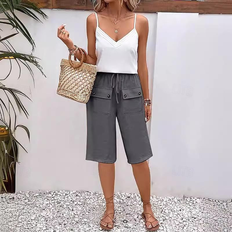 Women's Shorts Linen Cotton Blend Plain Black Navy Blue Casual Daily Knee Length Weekend Summer