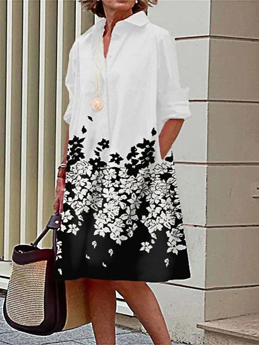 Women's Shirt Dress Casual Dress Midi Dress Outdoor Daily Vacation Polyester Fashion Casual Shirt Collar Button Pocket Long Sleeve Summer Spring Fall 2023 Loose Fit Black White Gray Polka Dot Flower