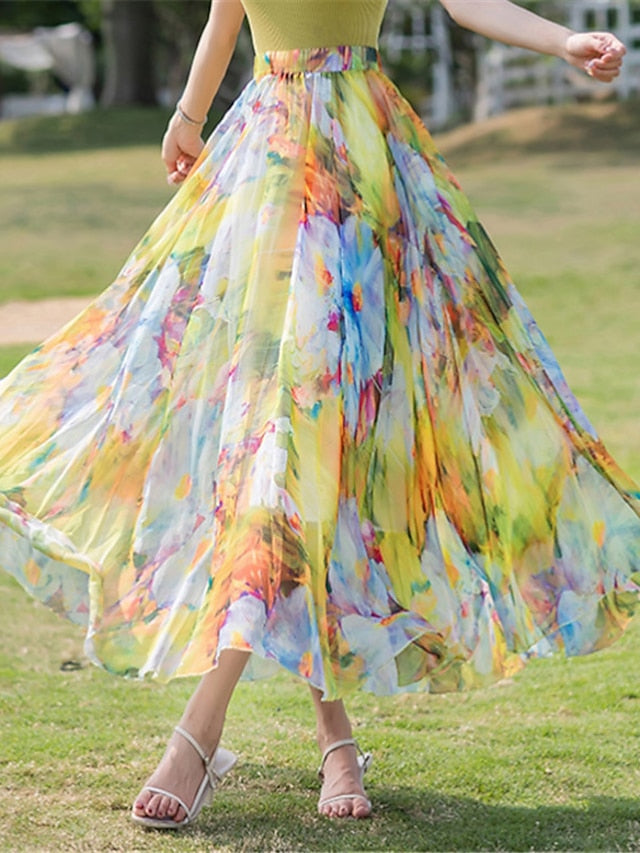 Women's Skirt Swing Long Skirt Maxi Chiffon Yellow Light Green Wine Red Skirts Summer Ruffle Print Without Lining Fashion Boho Long Summer Holiday Vacation S M L - LuckyFash™