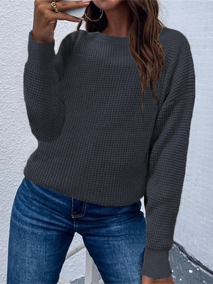 Women's Pullover Sweater Jumper Crew Neck Waffle Knit Acrylic Oversized Fall Winter Regular Outdoor Daily Going out Stylish Casual Soft Long Sleeve Solid Color Black White Blue S M L