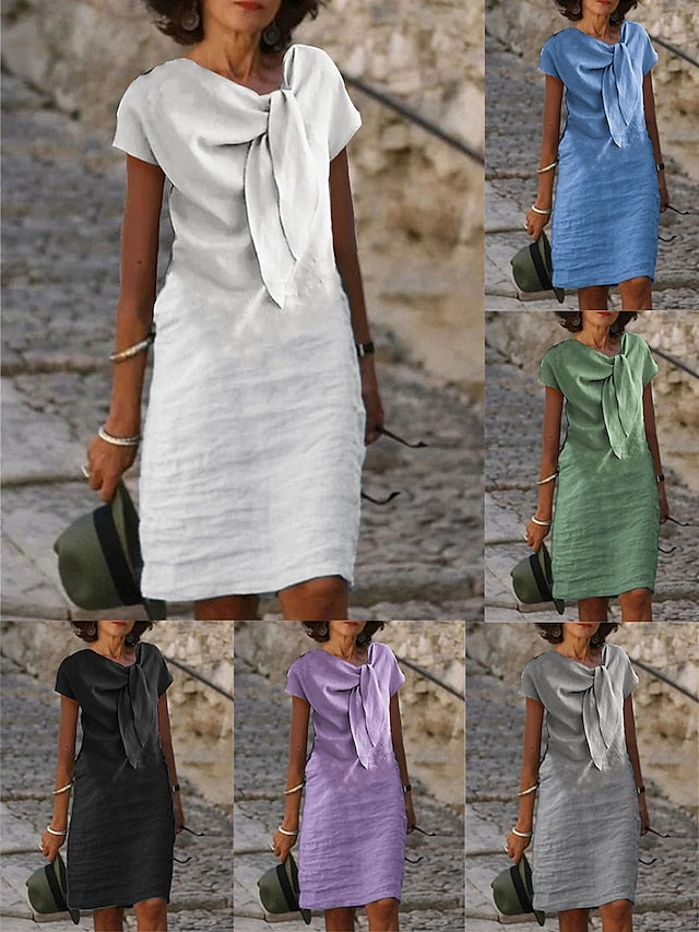 Women's Casual Dress Cotton Dress Shift Dress Midi Dress Cotton Blend Fashion Basic Outdoor Daily Vacation V Neck Lace up Short Sleeve Summer Spring 2023 Loose Fit Black White Blue Plain S M L XL 2XL - LuckyFash™