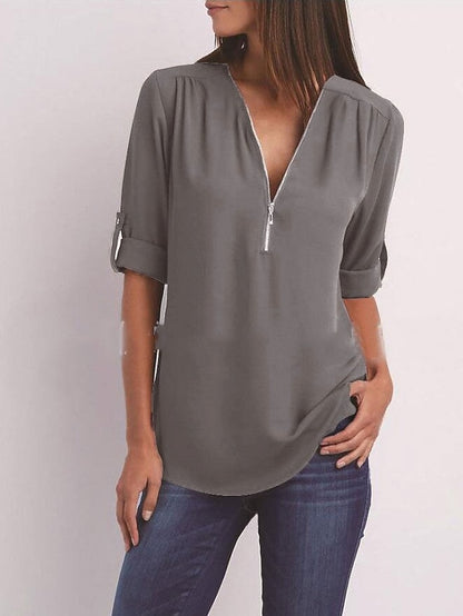 Womenâ€˜s Blouse Shirt Zipper Basic Plain Daily V Neck T-shirt Sleeve Regular Summer White Black Pink Grey Dark Blue - LuckyFash™