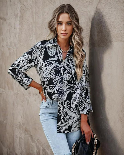 Women's Shirt Blouse Paisley Casual Button Print Black Long Sleeve Fashion Shirt Collar Spring &  Fall