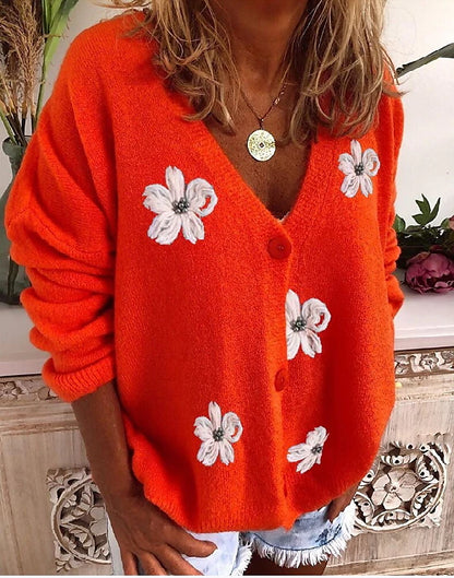 Women's Sweater Cardigan Sweater V Neck Knit Acrylic Embroidered Knitted Spring Fall Winter Daily Holiday Stylish Chic & Modern Casual Long Sleeve Floral Maillard Red Green Gray S M L