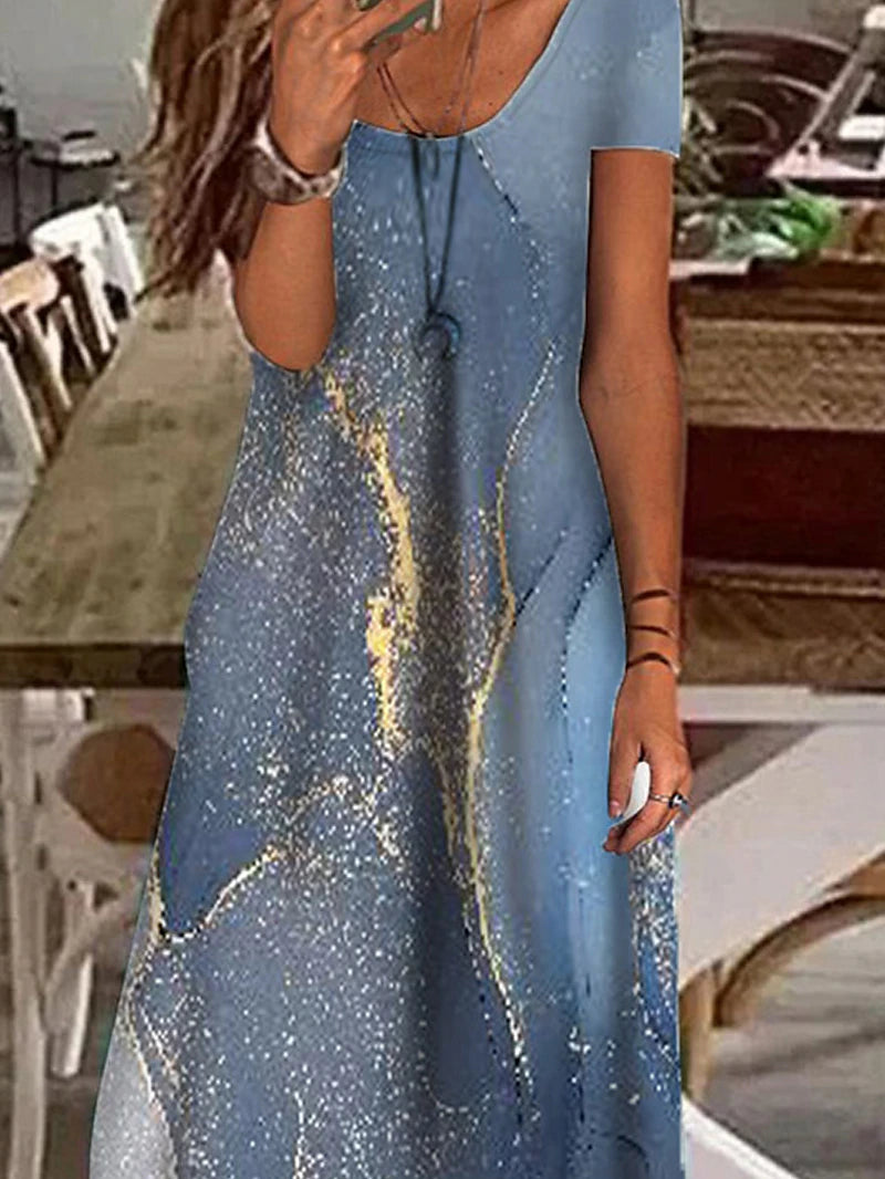 Women's Casual Dress Shift Dress Marble Print V Neck Maxi long Dress Elegant Daily Short Sleeve Summer Spring