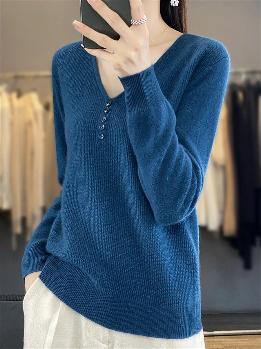 Women's Pullover Sweater Jumper V Neck Ribbed Knit Polyester Button Knitted Fall Winter Regular Outdoor Daily Holiday Fashion Streetwear Casual Long Sleeve Solid Color Black White Light Green S M L