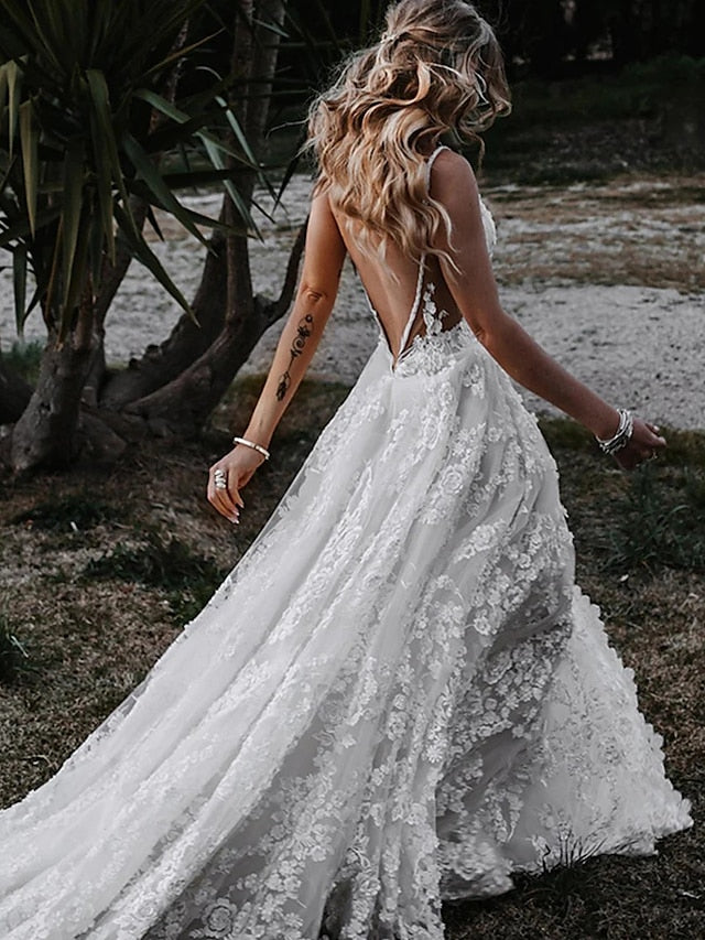 Beach Sexy Boho Wedding Dresses A-Line Sweetheart Camisole Spaghetti Strap Court Train Lace Bridal Gowns With Appliques Split Front 2023 Summer Wedding Party, Women's Clothing - LuckyFash™