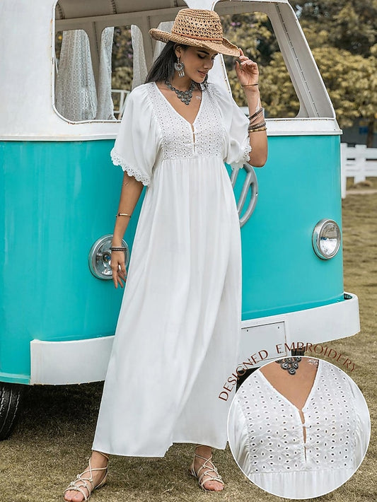 Women's White Dress Maxi Dress Lace Eyelet Bohemia Solid Vacation V Neck Short Sleeve Summer White Plain