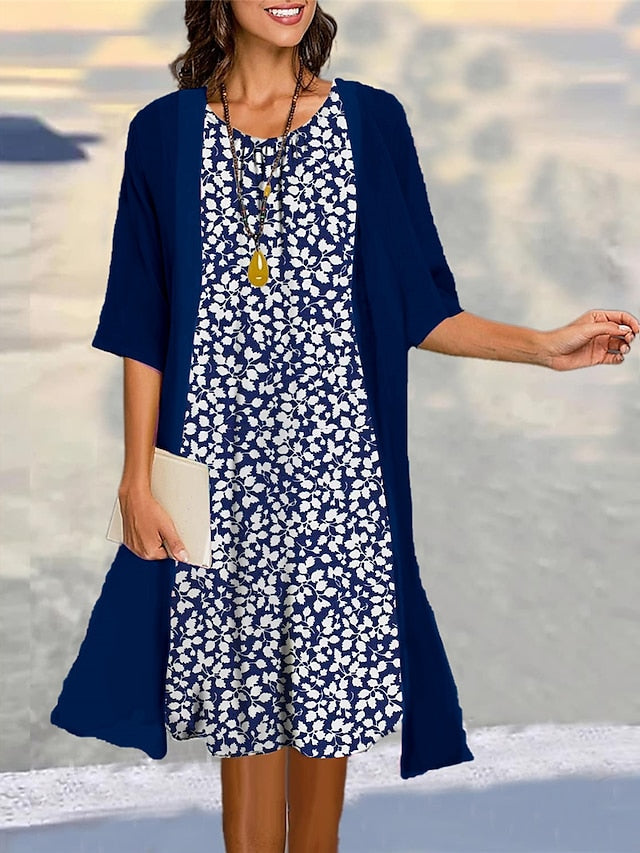 Women's Two Piece Dress Set Casual Dress Print Dress Outdoor Daily Fashion Elegant Print Midi Dress Crew Neck 3/4 Length Sleeve Floral Regular Fit Navy Blue Green Gray Summer Spring S M L XL XXL - LuckyFash™