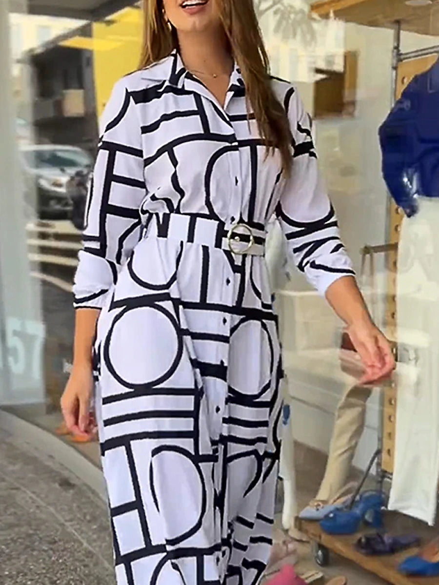 Women's Shirt Dress Casual Dress Maxi long Dress Outdoor Daily Vacation Polyester Fashion Modern Shirt Collar Button Print Long Sleeve Summer Spring Fall 2023 Loose Fit White Geometric Color Block S