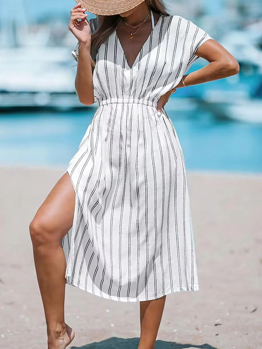 Women's White Dress Split Print V Neck Midi Dress Daily Date Short Sleeve Summer