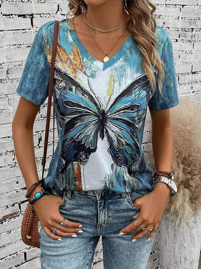 Women's T shirt Tee Butterfly Casual Daily Print Blue Short Sleeve Fashion V Neck Summer