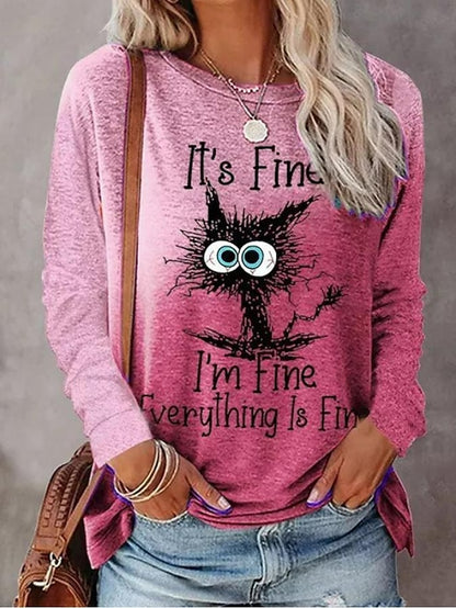 Women's T shirt Tee Pink Purple Orange Graphic Color Gradient Print Long Sleeve Casual Weekend Cartoon Round Neck Regular I'm Fine Painting Plus Size S - LuckyFash™