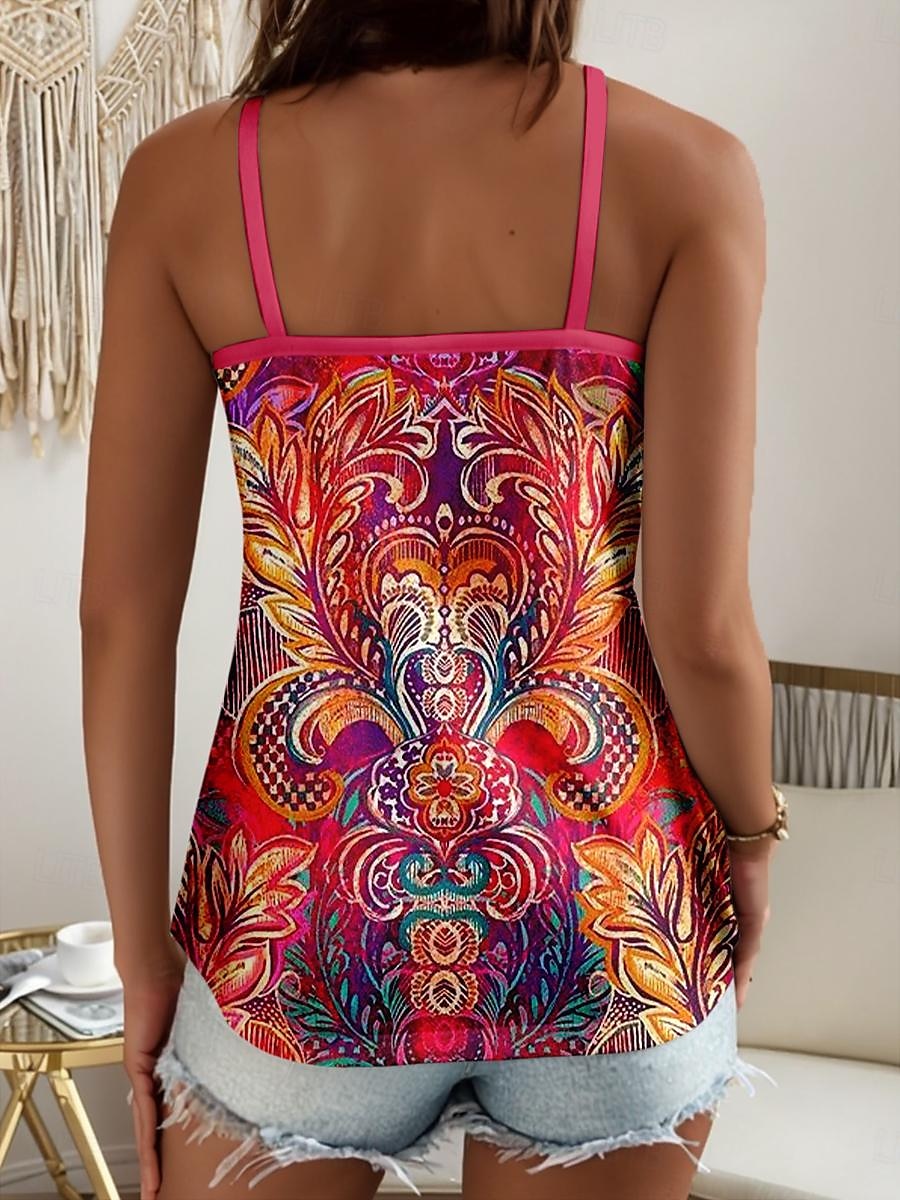 Women's Tank Top V Neck Bohemian Red Paisley Vintage Graphic Print Sleeveless Ethnic Fashion Summer Cami