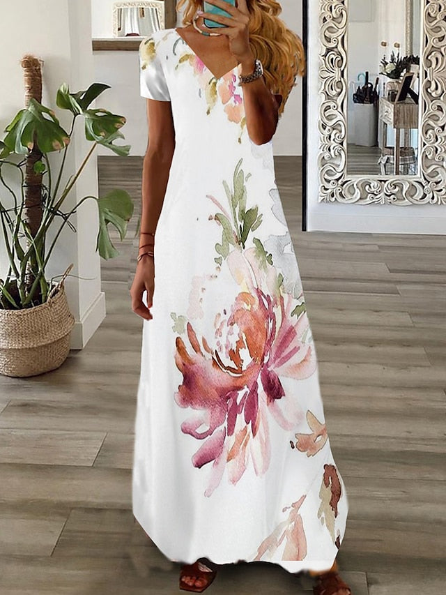 Women's Long Dress Maxi Dress Casual Dress Print Dress Graphic Floral Fashion Modern Daily Holiday Vacation Short Sleeve V Neck Dress Regular Fit White Pink Wine Summer Spring S M L XL 2XL 3XL 4XL 5XL - LuckyFash™