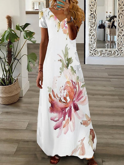 Women's Long Dress Maxi Dress Casual Dress Print Dress Graphic Floral Fashion Modern Daily Holiday Vacation Short Sleeve V Neck Dress Regular Fit White Pink Wine Summer Spring S M L XL 2XL 3XL 4XL 5XL - LuckyFash™