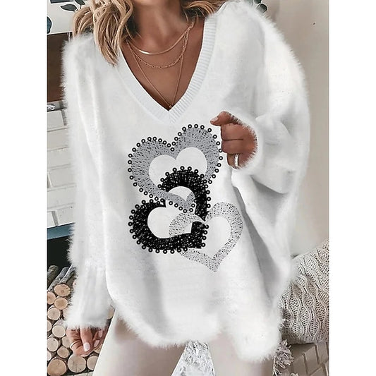 Women's Pullover Sweater Jumper Crew Neck Fuzzy Knit Acrylic Print Drop Shoulder Fall Winter Regular Going out Weekend Stylish Soft Long Sleeve Heart White Pink S M L