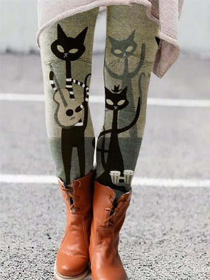 Women's Tights Normal Polyester Geometric Cat Picture color 1 Picture color 2 Fashion Mid Waist Full Length Halloween Daily