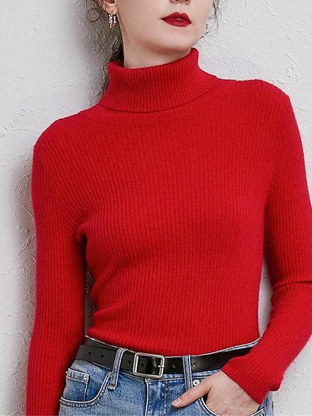 Women's Pullover Sweater Jumper Turtleneck Ribbed Knit Polyester Oversized Fall Winter Daily Holiday Going out Stylish Casual Soft Long Sleeve Solid Color Rust Red Pink purple Red bean paste S M L