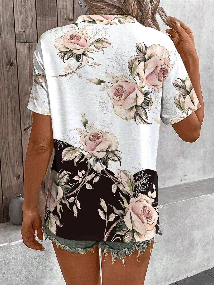 Women's T shirt Tee Floral Daily Weekend Button Print White Short Sleeve Fashion V Neck Summer