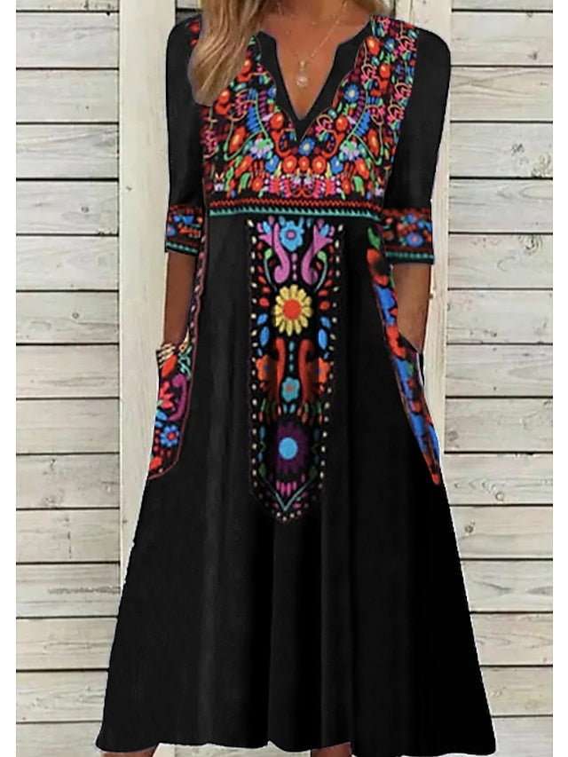 Women's Dress - Casual Dress Ethnic Dress Shift Dress Midi Dress Black Half Sleeve Floral Pocket Fall Spring Summer V Neck Vintage Birthday Daily Date 2023 S M L XL XXL 3XL