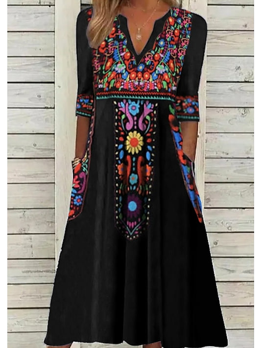 Women's Dress - Casual Dress Ethnic Dress Shift Dress Midi Dress Black Half Sleeve Floral Pocket Fall Spring Summer V Neck Vintage Birthday Daily Date 2023 S M L XL XXL 3XL