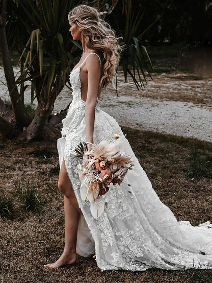 Beach Sexy Boho Wedding Dresses A-Line Sweetheart Camisole Spaghetti Strap Court Train Lace Bridal Gowns With Appliques Split Front 2023 Summer Wedding Party, Women's Clothing - LuckyFash™