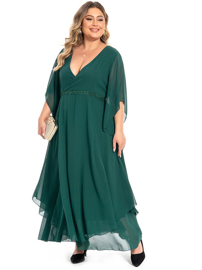 Women‘s Plus Size Curve Casual Dress Swing Dress Plain Long Dress Maxi Dress 3/4 Length Sleeve Layered V Neck Basic Outdoor Dark Green Summer Spring Wedding Guest Dress