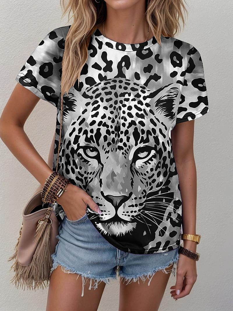 Women's T shirt Tee Leopard Daily Weekend Print Blue Short Sleeve Fashion Crew Neck Summer