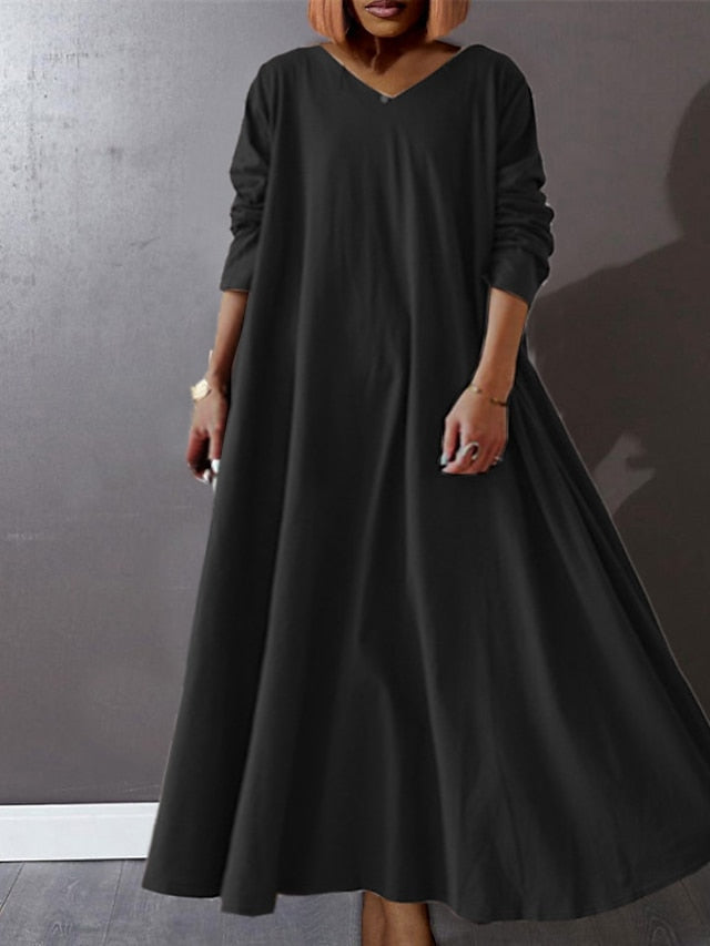 Women‘s Plus Size Curve Casual Dress Pure Color V Neck Long Sleeve Winter Fall Basic Casual Maxi long Dress Daily Vacation Dress